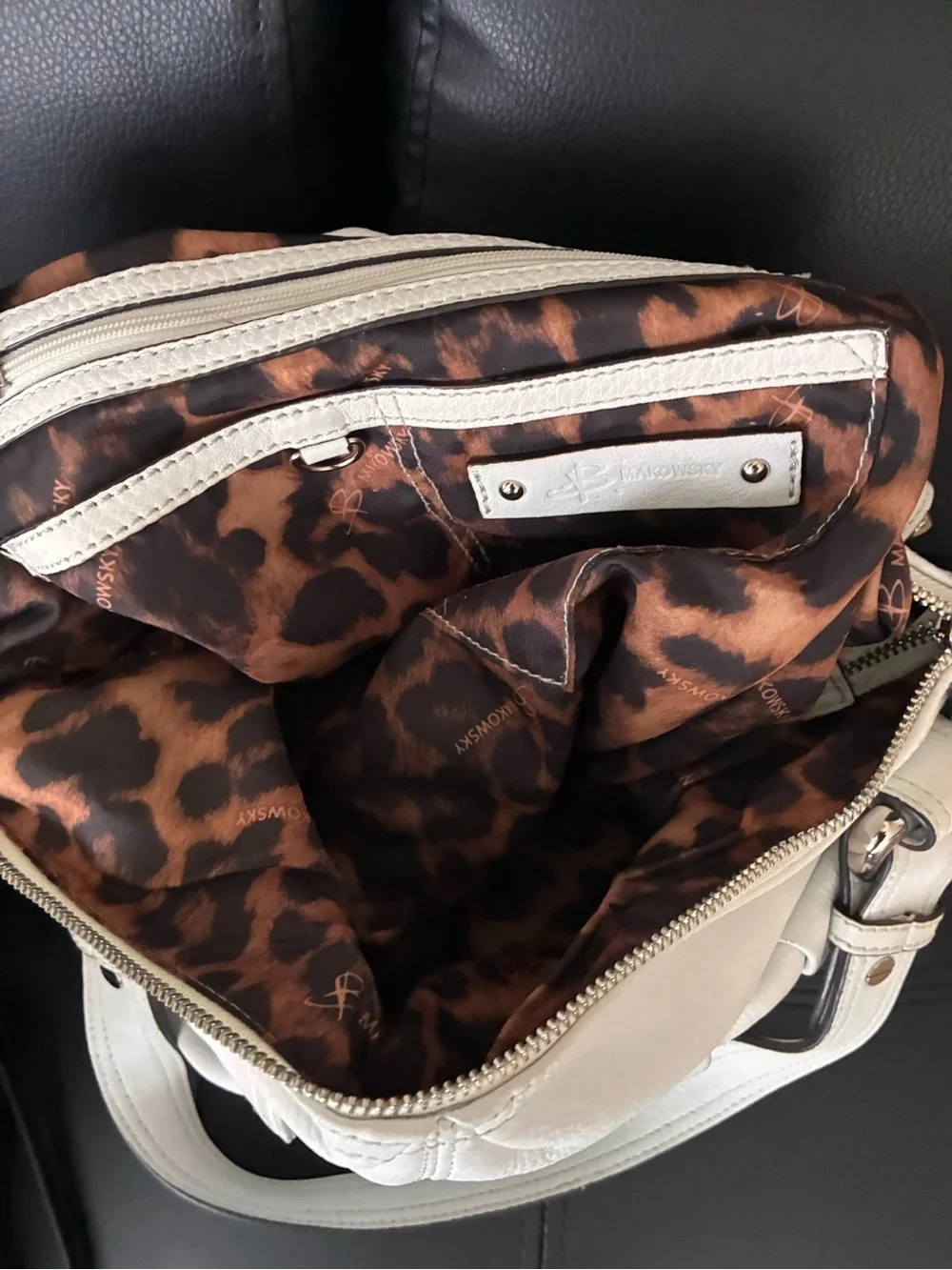 b. makowsky White Leather Hobo with Front Flap Pockets